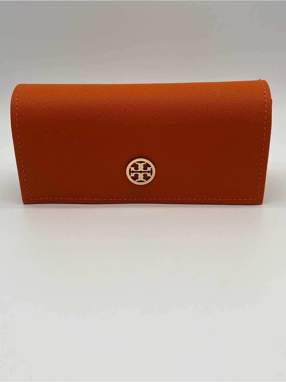 Tory Burch Orange Saffiano Leather Sunglass Case Gold Logo Flip Closer Replaceme